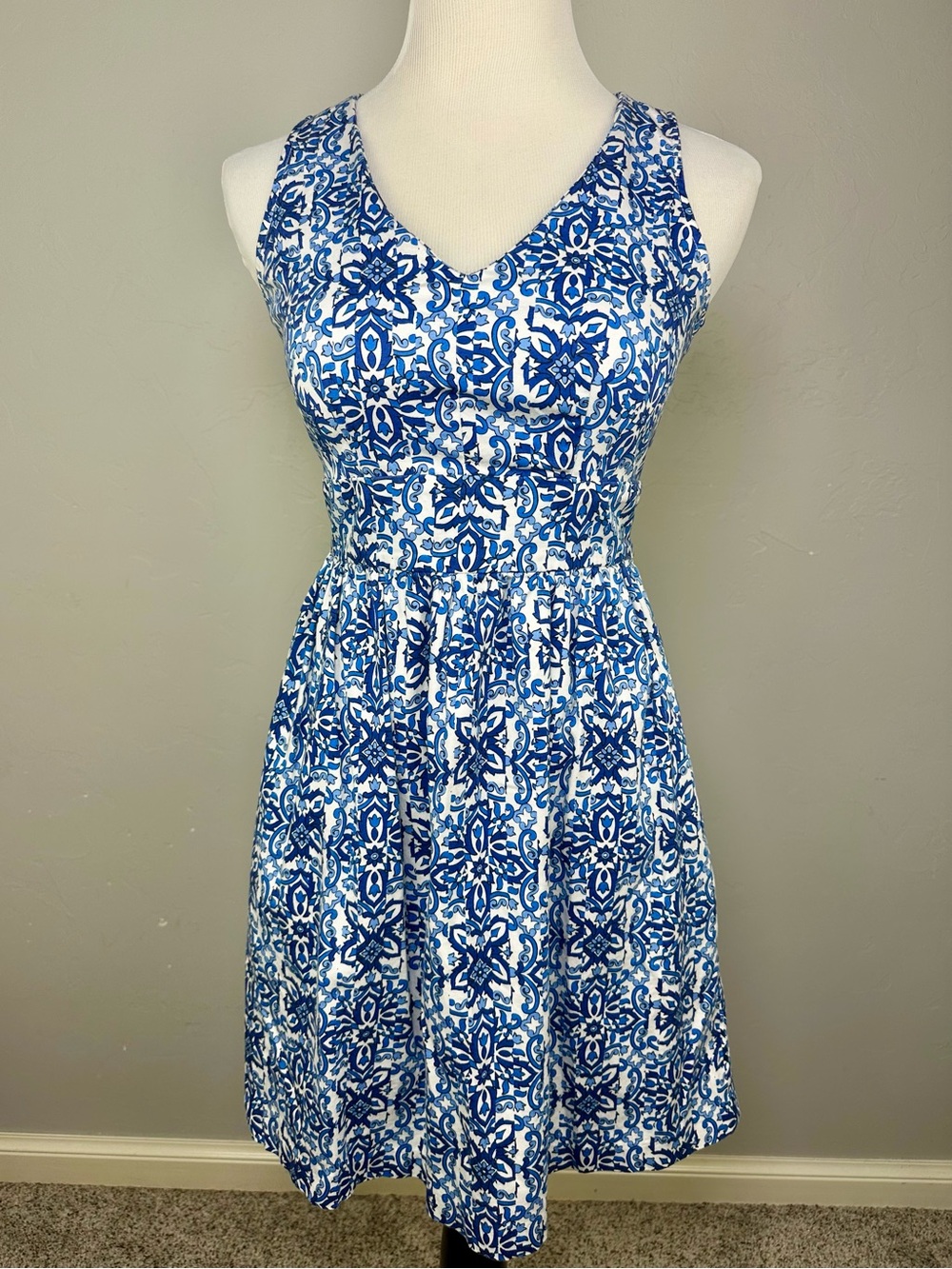 Milly for Design Nation Blue White Tile Print Fit & Flare Dress Size 4